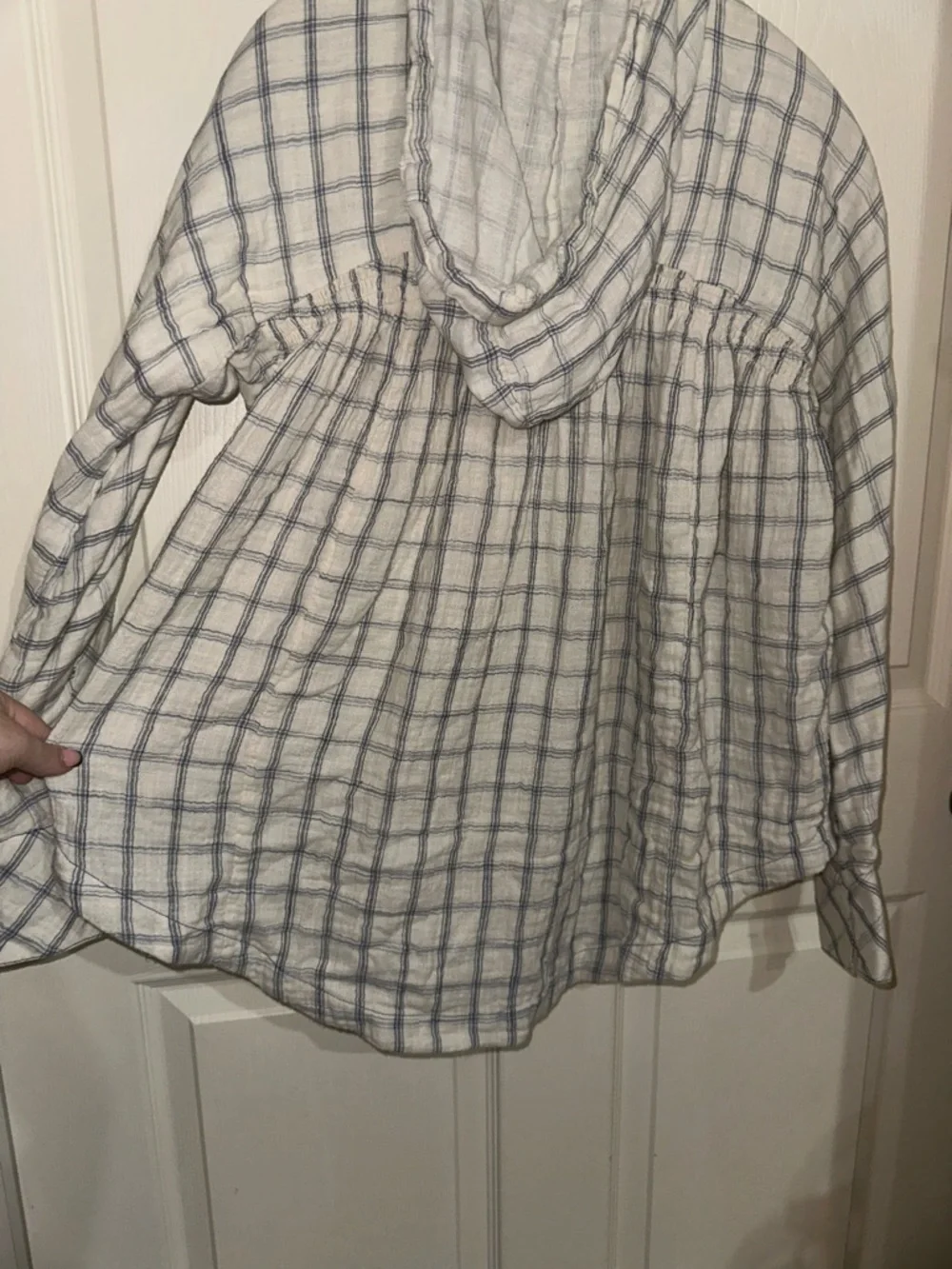 Free People Lightweight White and Blue Plaid Hooded Gauzy Cotton Tunic Top S